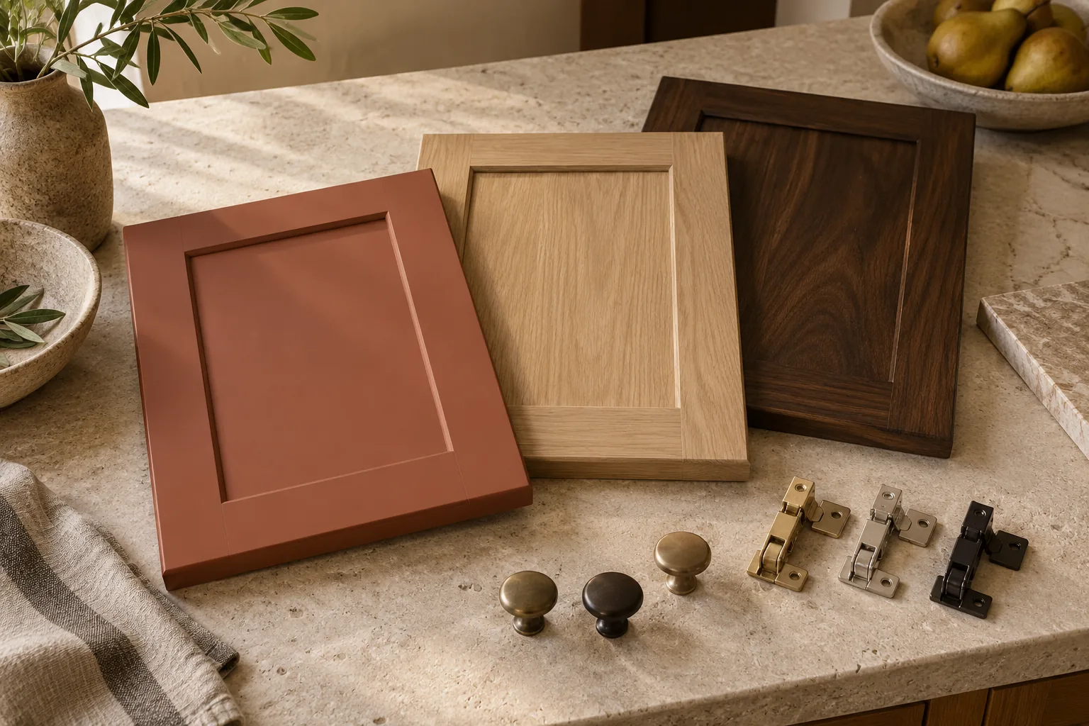 Terracotta, oak and walnut inset cabinet door samples with separate hinges and knobs