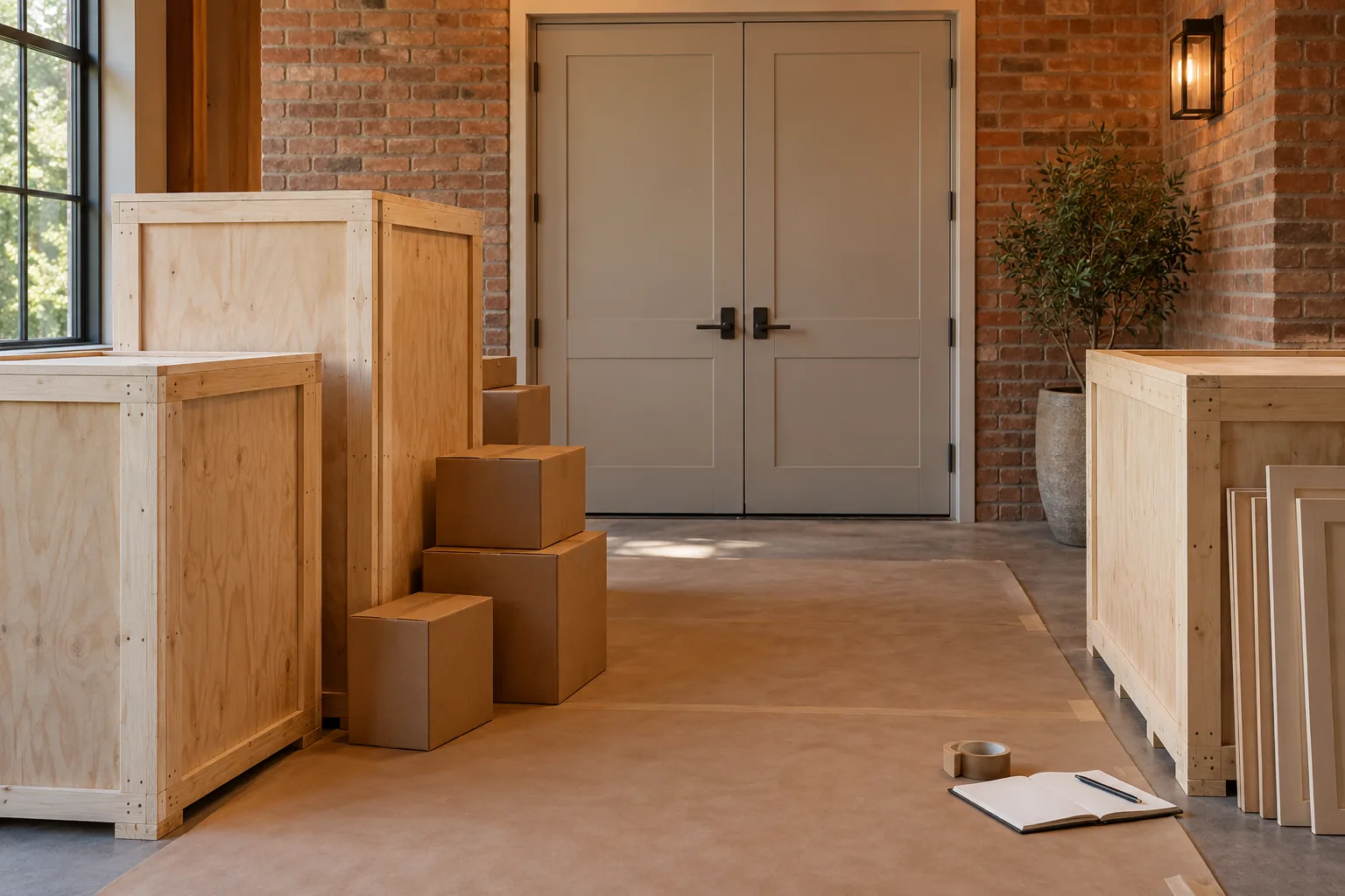 Plain cabinet crates and cartons beside a wide doorway with floor protection and an open notebook
